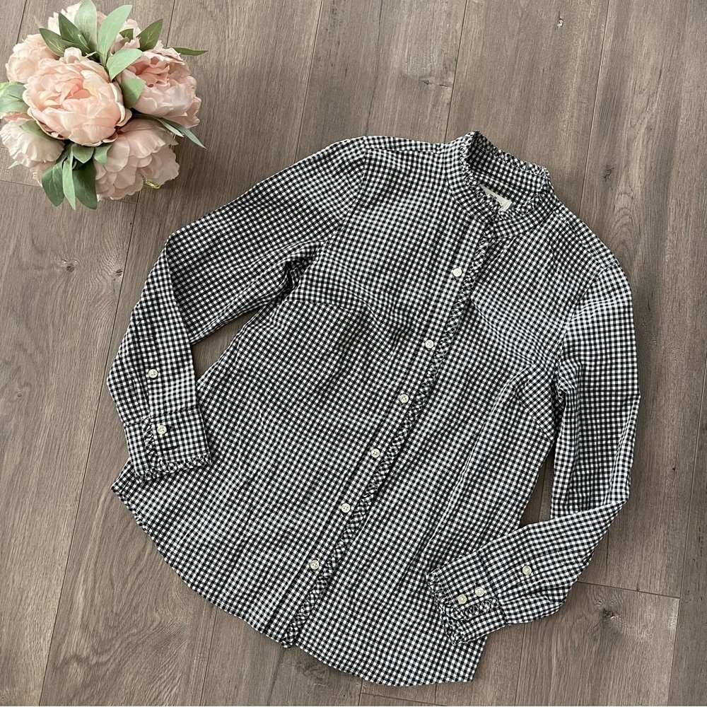Vineyard Vines Black Gingham Ruffle Trim Button Down‎ Shirt Blouse